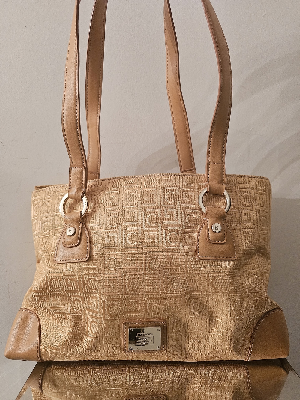 Liz Claiborne Tan Beige Jacquard Tote with Logo Plate